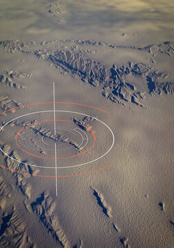 Satellite view of the location of the American airman's recovery near the city of Isfahan in Iran, mountain ranges. Satellite map, 3d rendering