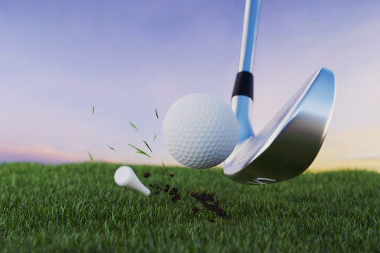 Action close-up of a golf club hitting a ball off a tee. High-speed capture showing grass blades and soil flying in the air against a soft sunset sky. Creative for sports and luxury leisure concepts.