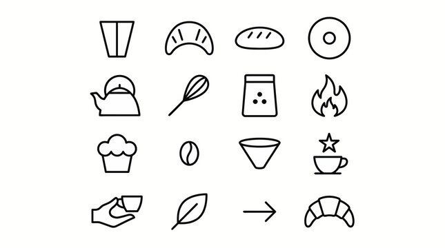 Maximum ultra-simplified bakery and coffee shop web icons in line art style. Symbols of coffee, fresh pastries, and baking tools. Clean black and white vector illustration with editable strokes for co