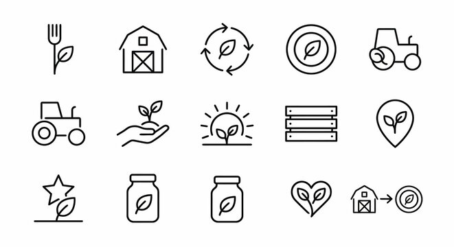 Maximum ultra-simplified farm-to-table web icons in line art style. Symbols of sustainable dining, local ingredients, and organic sourcing. Clean black and white vector illustration with editable stro