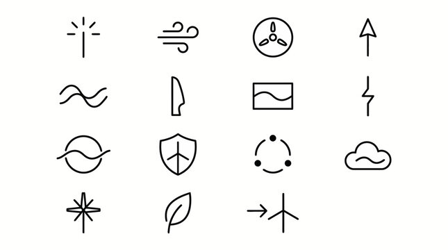Maximum ultra-simplified wind energy web icons in line art style. Symbols of wind turbines, airflow, and renewable wind power. Clean black and white vector art for infrastructure dashboards, climate-t