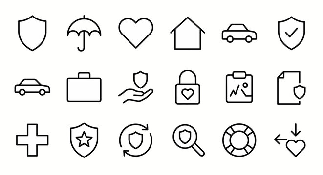 &Iacute;cones web de seguros e gest&atilde;o de riscos ultra-simplificados em estilo line art. S&iacute;mbolos de prote&ccedil;&atilde;o patrimonial, sa&uacute;de, vida e conformidade. Arte vetorial limpa em preto e branco para plataformas de