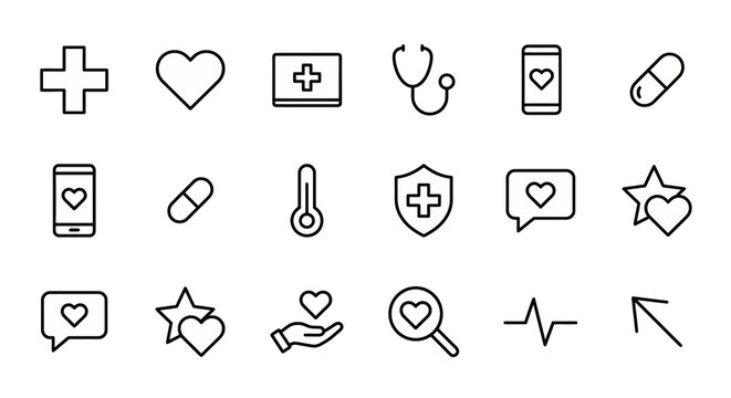 &Iacute;cones web de sa&uacute;de digital e telemedicina ultra-simplificados em estilo line art. S&iacute;mbolos de atendimento m&eacute;dico remoto, bem-estar e monitoramento de sa&uacute;de. Arte vetorial limpa em preto e branco para