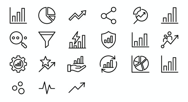Ultra-simplified web icons for data analytics and BI in line art style. Symbols for business intelligence, market trends, and metrics analysis. Clean black and white vector art for analytical dashboar