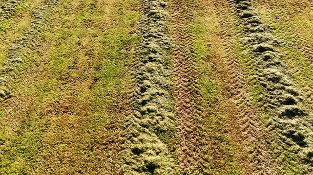 Aerial view flying over mowed hay field at sunset