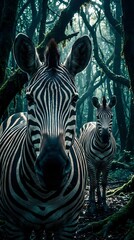 Fototapeta premium Zebra family in mystical forest with dramatic lighting and shadows creating enchanting wildlife scene for nature photography and animal themed designs.