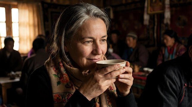 Elderly Caucasian woman with gray hair enjoying hot beverage in cozy cafe setting with warm lighting and social atmosphere for relaxation concepts.