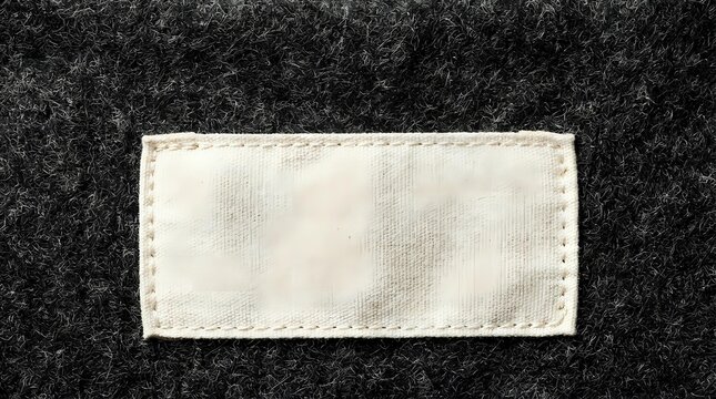 Blank white fabric label sewn onto dark gray wool textile with visible stitching for branding and product identification purposes.