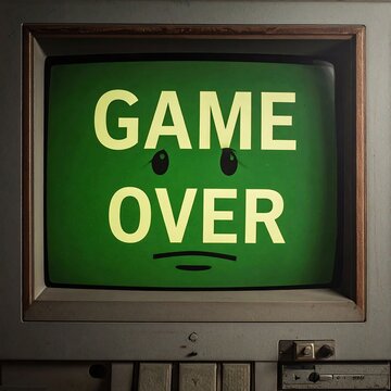 A vintage computer monitor displays "GAME OVER" in bold white letters on a green screen, with a simple drawn face beneath