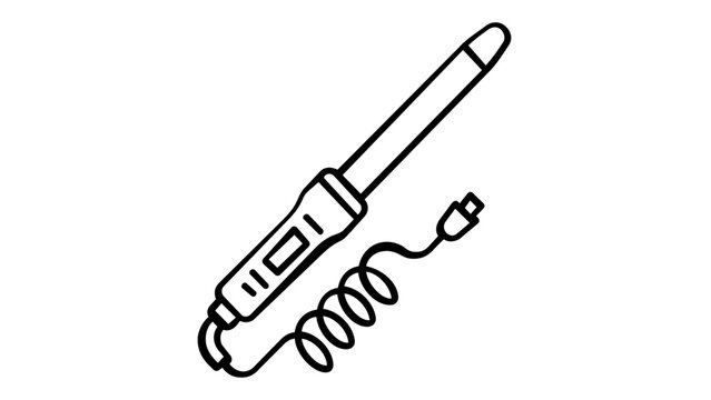 Professional curling iron line icon vector illustration for hair styling and beauty care. Minimalist black and white graphic of a hair curler wand with a coiled power cord and USB plug.
