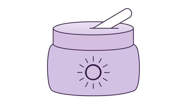 Minimalist vector illustration of a cosmetic cream jar with a sun icon and applicator spatula, ideal for skincare, beauty, and sun protection product design, flat line art icon, scalable.