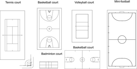 Technical architectural drawing showing plan view layouts of various sports courts including tennis, basketball, volleyball, badminton, and mini-football fields. © Riki