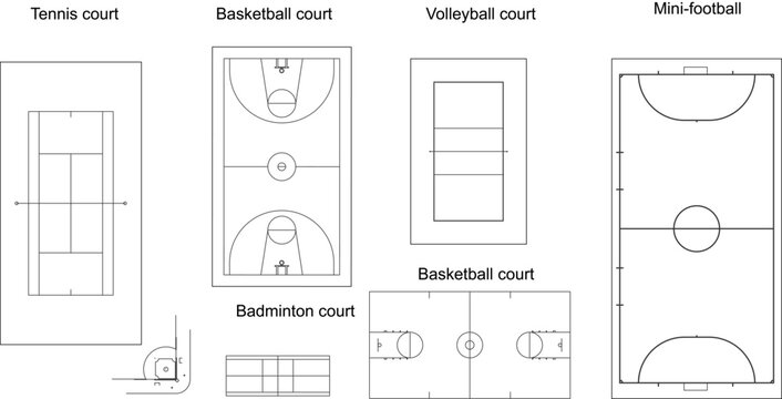 Technical architectural drawing showing plan view layouts of various sports courts including tennis, basketball, volleyball, badminton, and mini-football fields.
