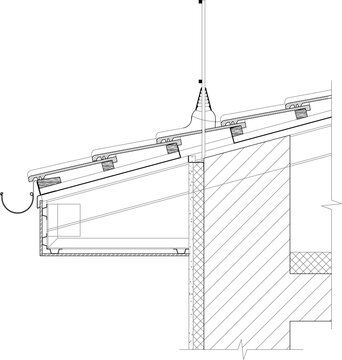 Technical architectural drawing showing a detailed cross-section of a roof eave assembly featuring a gutter, sloping rafters, and a vertical mast or lightning rod.