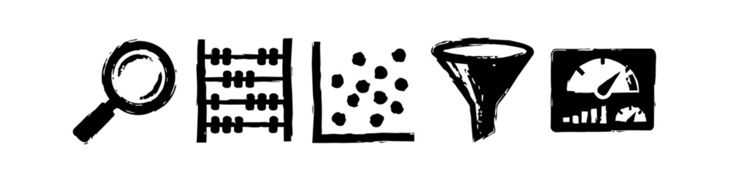 Set of Hand Drawn Grunge Business and Data Analysis Icons Featuring Magnifying Glass Abacus Scatter Plot Sales Funnel and Performance Dashboard Elements on White Background