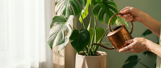 Fototapeta premium Woman watering houseplant with copper watering can in bright sunlit room. Indoor gardening and plant care routine for healthy green foliage growth.