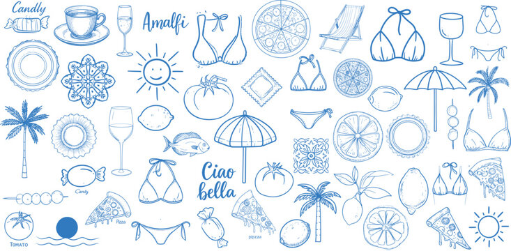 Hand drawn summer Italy Amalfi doodle elements set vector illustration with pizza, lemons, wine glass, bikini, beach umbrella, palm trees, tomato and Mediterranean outline icons