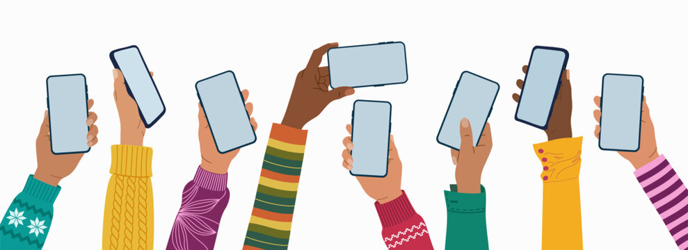 Diverse raised up hands holding mobile phones with empty blank screen. People using smartphone. Hand drawn vector illustration isolated on white background, modern flat cartoon style.