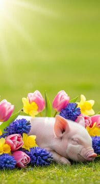 An adorable baby piglet takes a nap among a vibrant arrangement of blossoming spring flowers, enjoying the peaceful sunshine and sweet floral scents, piglet, vibrant, flowers