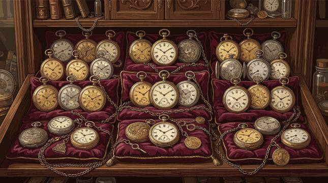 A detailed illustration of antique gold and silver pocket watches on red velvet. Perfect for concepts of time, history, luxury, craftsmanship, and timeless value.