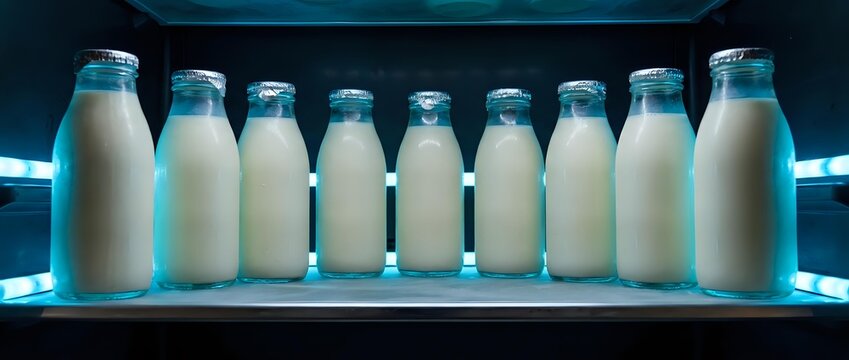 Fresh milk bottles lined up on refrigerator shelf with blue LED lighting creating modern dairy storage display for healthy nutrition concepts.