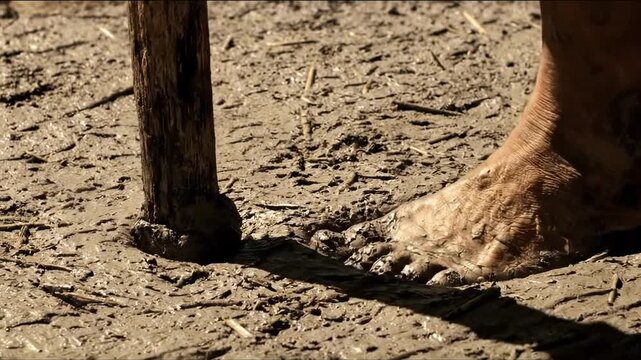 Barefoot person slowly steps into wet muddy ground with a wooden stick for struggle and resilience concept in bright natural light