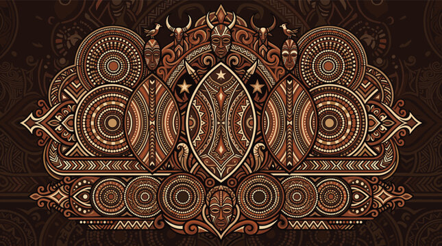 A detailed, symmetrical illustration of African tribal art. Features ethnic masks, animals, and geometric patterns. Ideal for cultural backgrounds, prints, and traditional designs.