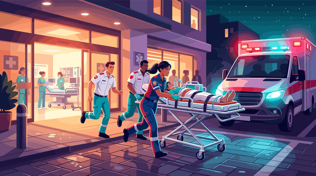 Illustration of paramedics rushing a patient on a stretcher from an ambulance into a hospital. A dynamic, urgent scene depicting emergency medical services in action at night.