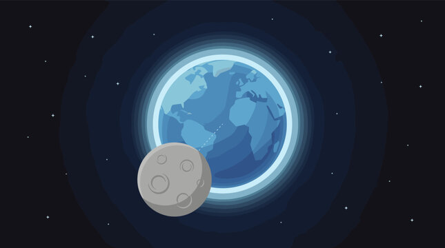 A flat design illustration of Earth and its moon in outer space. A serene and cosmic scene perfect for science, education, technology websites, or backgrounds.