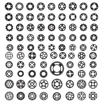 Set of Black Gear and Sprocket Icons in Grid Pattern for Mechanical Design