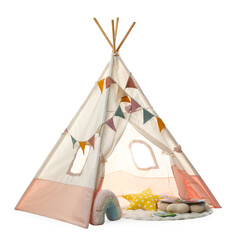 Stylish wigwam for child's room with books and pillows isolated on white © New Africa