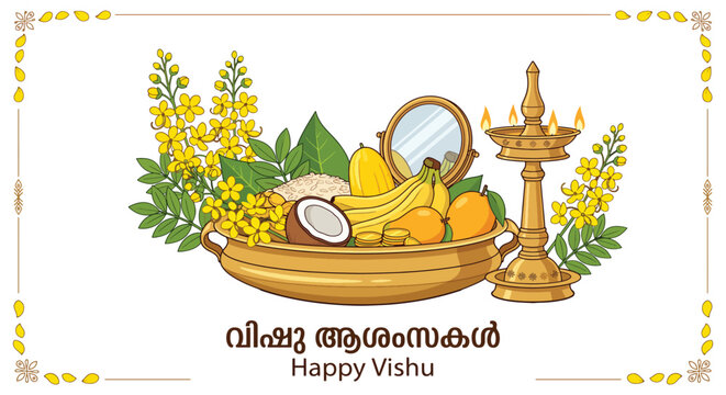 Happy Vishu Kani Arrangement With Lamp, Fruits, Flowers and Traditional Offerings for Kerala Festival