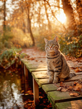 Tabby cat sitting on an old wooden bridge surrounded by autumn leaves in a golden forest with warm sunlight filtering through the trees at sunset