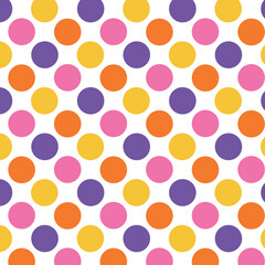Fototapeta premium Colorful seamless polka dot pattern with pink, orange, yellow and purple circles. Bright playful geometric background perfect for fabric, packaging, wallpapers and modern design.