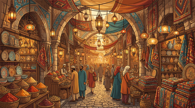 A vibrant illustration of a bustling Middle Eastern souk at dusk. People shop for spices and carpets under the warm glow of traditional lanterns, perfect for travel concepts.