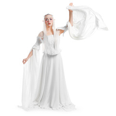 Obraz premium Beautiful girl dressed as elf on white background