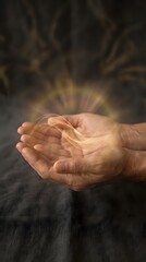 Fototapeta premium Cupped hands holding glowing golden energy light with magical rays emanating upward against dark background for spiritual healing concepts.