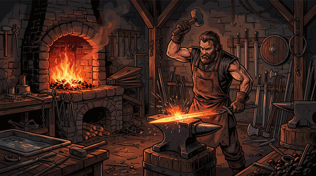 Illustration of a powerful blacksmith forging a glowing sword on an anvil. A fiery forge lights the dark, medieval workshop. Perfect for fantasy, gaming, and historical themes.