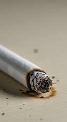 Obraz premium Detailed view of a burning cigarette abandoned on a light surface, resulting in a permanent, circular black scorch mark and fire damage, cigarette, addiction, danger
