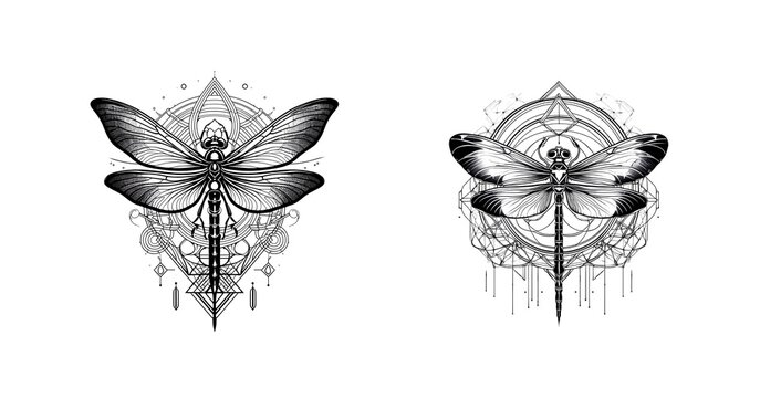 Libelle mit Blumen und Ornamenten farblich als Tattoo Vorlage und mehr	