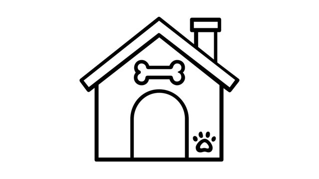 Minimalist Doghouse Line Icon Vector Illustration, Scalable Flat Design Kennel with Bone and Paw Print Symbols, Pet Care and Animal Shelter Concept Graphic for Web and Mobile Applications