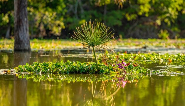 A vibrant wetland scene features aquatic plants reflecting in calm water, with a tall, unique flowering plant as the main focal point