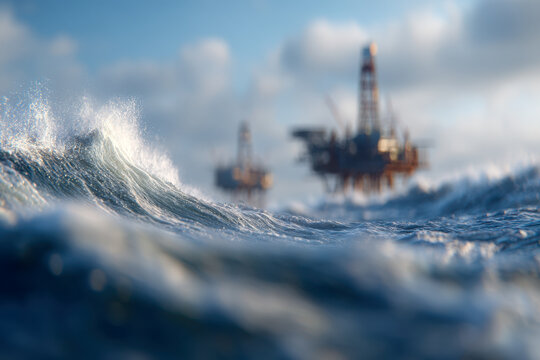 Ocean waves rising close to offshore drilling platforms under a clear sky, showcasing energy exploration in a dynamic marine environment