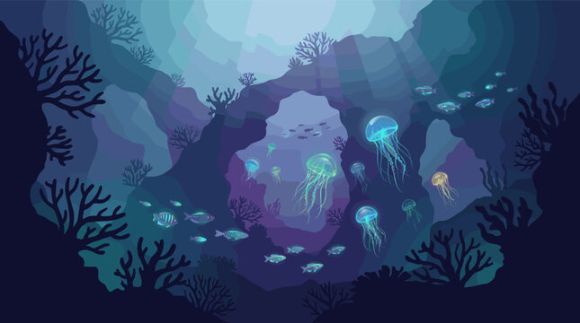 A vector illustration of a magical underwater cave. Glowing jellyfish and fish swim through a deep blue grotto, lit by sunbeams. Perfect for nature, fantasy, or science themes.