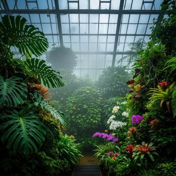 Lush tropical vegetation thrives inside a massive glass hothouse structure, showcasing high humidity and controlled growing conditions, greenhouse, ecology, glass
