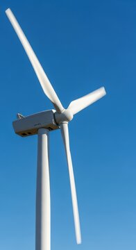 Massive wind turbine rotor and blades spinning rapidly against a blue sky, capturing sustainable kinetic energy for the grid, industrial, modern, tall</blockquote>