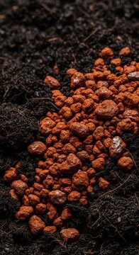 Macro shot of rusty iron particles mixing with rich, dark organic compost and fertile soil, crucial for biological processes and plant growth, essential, environment, science