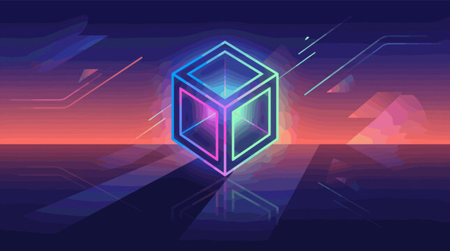 A luminous neon cube hovers over a reflective surface against a retro futuristic sunset. Abstract digital art for technology, metaverse, or crypto concepts. Vector illustration.