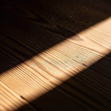 Sunlight illuminates dust and scratches on a worn wooden surface, showing the true texture of daily life in a modest setting, humble, true, imperfection