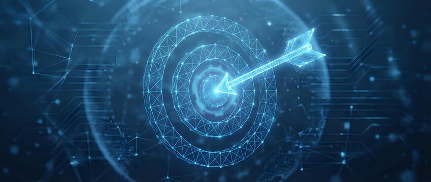 Digital target with glowing arrow hitting bullseye center in futuristic blue network environment for business success and goal achievement concepts.
